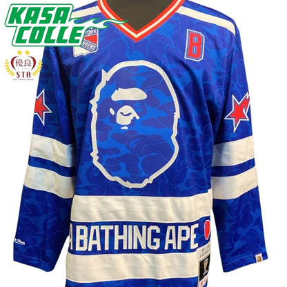 [BAPE x MITCHELL &amp; NESS] A BAPE® &amp; MITCHELL &amp; NESS NHL NEW YORK RANGERS MESH HOCKEY JERSEY L/S TEE Uniform-style Long Sleeve T-Shirt (Logo No. 93) Size M