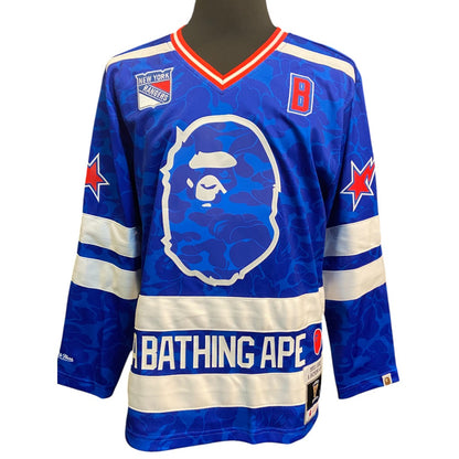 [BAPE x MITCHELL &amp; NESS] A BAPE® &amp; MITCHELL &amp; NESS NHL NEW YORK RANGERS MESH HOCKEY JERSEY L/S TEE Uniform-style Long Sleeve T-Shirt (Logo No. 93) Size M