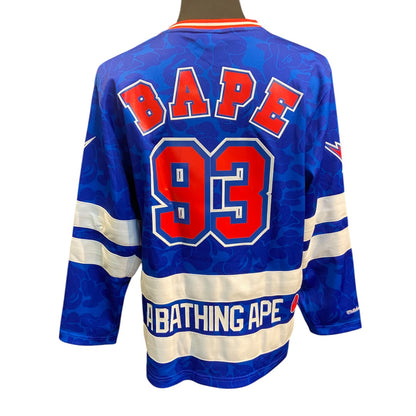 [BAPE x MITCHELL &amp; NESS] A BAPE® &amp; MITCHELL &amp; NESS NHL NEW YORK RANGERS MESH HOCKEY JERSEY L/S TEE Uniform-style Long Sleeve T-Shirt (Logo No. 93) Size M