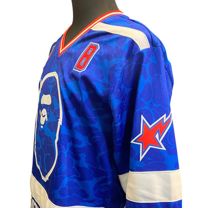 [BAPE x MITCHELL &amp; NESS] A BAPE® &amp; MITCHELL &amp; NESS NHL NEW YORK RANGERS MESH HOCKEY JERSEY L/S TEE Uniform-style Long Sleeve T-Shirt (Logo No. 93) Size M