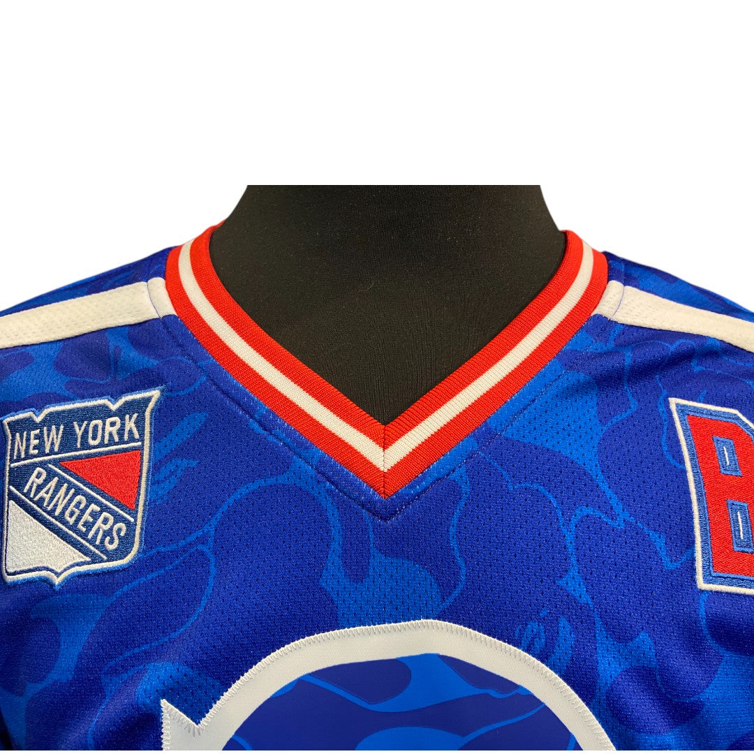 [BAPE x MITCHELL &amp; NESS] A BAPE® &amp; MITCHELL &amp; NESS NHL NEW YORK RANGERS MESH HOCKEY JERSEY L/S TEE Uniform-style Long Sleeve T-Shirt (Logo No. 93) Size M