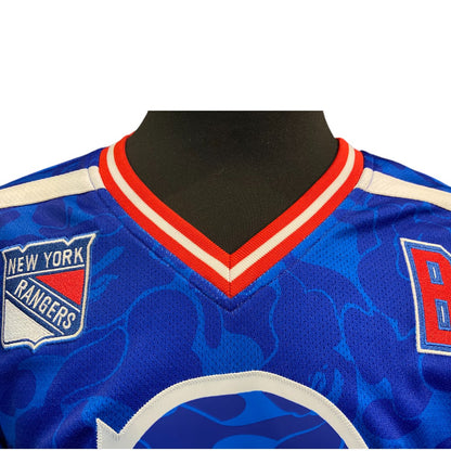 [BAPE x MITCHELL &amp; NESS] A BAPE® &amp; MITCHELL &amp; NESS NHL NEW YORK RANGERS MESH HOCKEY JERSEY L/S TEE Uniform-style Long Sleeve T-Shirt (Logo No. 93) Size M