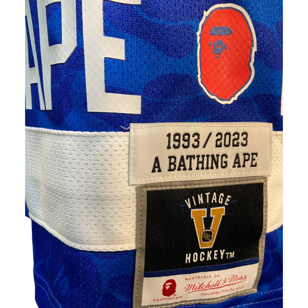 [BAPE x MITCHELL &amp; NESS] A BAPE® &amp; MITCHELL &amp; NESS NHL NEW YORK RANGERS MESH HOCKEY JERSEY L/S TEE Uniform-style Long Sleeve T-Shirt (Logo No. 93) Size M