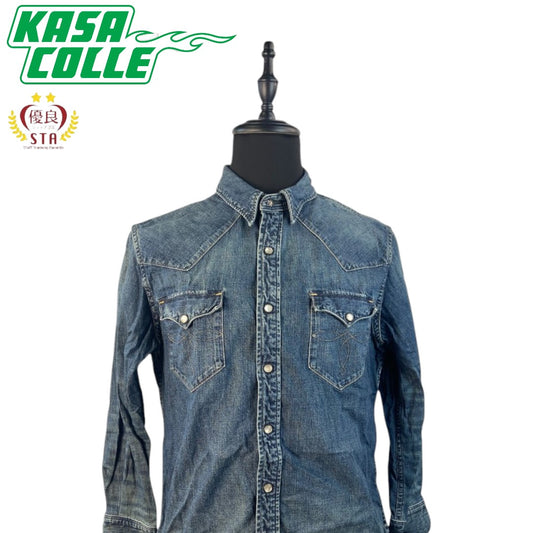 [RRL RALPH LAUREN] Double RL Ralph Lauren Medallion Stitch Denim Shirt, Size L