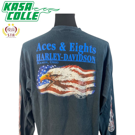 Harley Davidson Long Sleeve T-Shirt (Black) with American Eagle Back Print (Sizes L and XL)