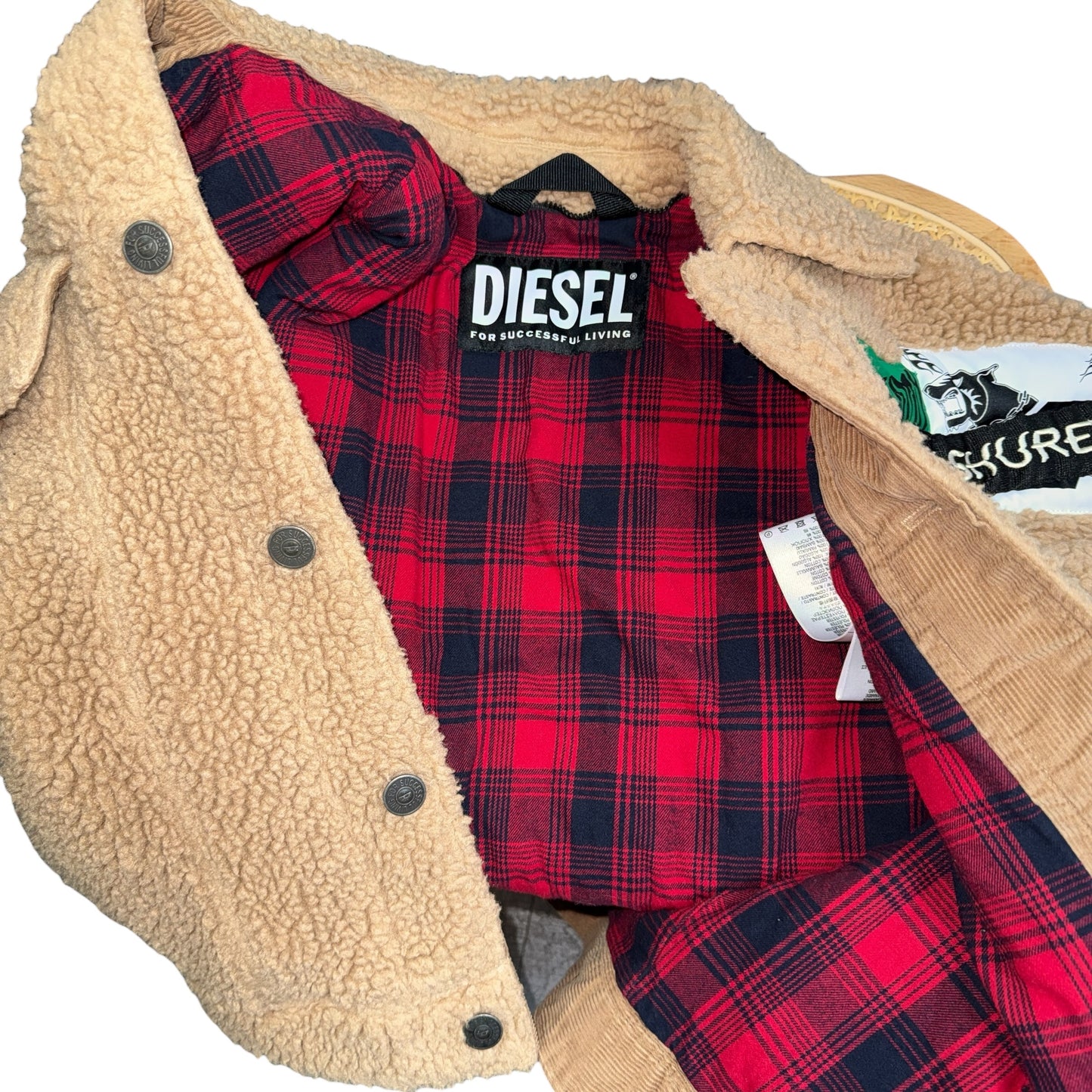 DIESEL Patchwork Boa Fleece Jacket with Check Lining