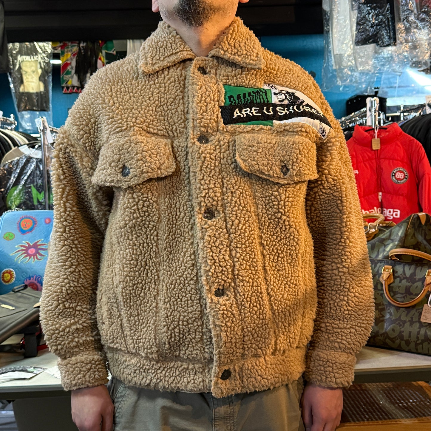 DIESEL Patchwork Boa Fleece Jacket with Check Lining