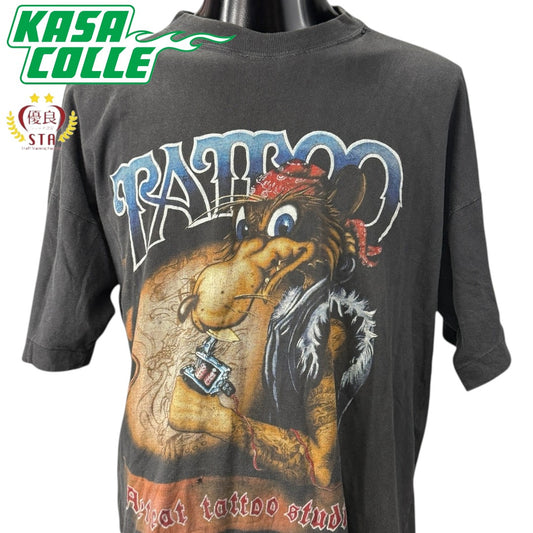 【TATTOO STUDIO】  "WOLF" 墨黒フェード 90's Vintage Tシャツ