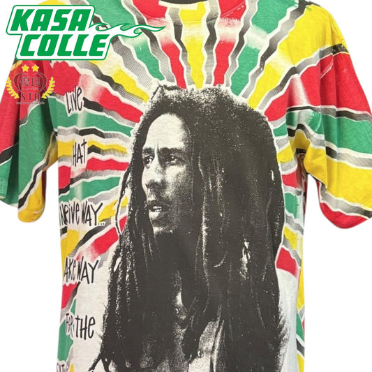 [BOB MARLEY] Bob Marley Overprint All-Over Rasta Vintage T-Shirt, Made in USA, ALLSPORT Tag, Size L