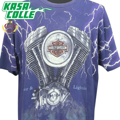 【HARLEY DAVIDSON Thunder & Lightning V-Twin Engine】ハーレーダビッドソン サンダー & ライトニング Vツイン エンジン （パープル）Tシャツ XL相当