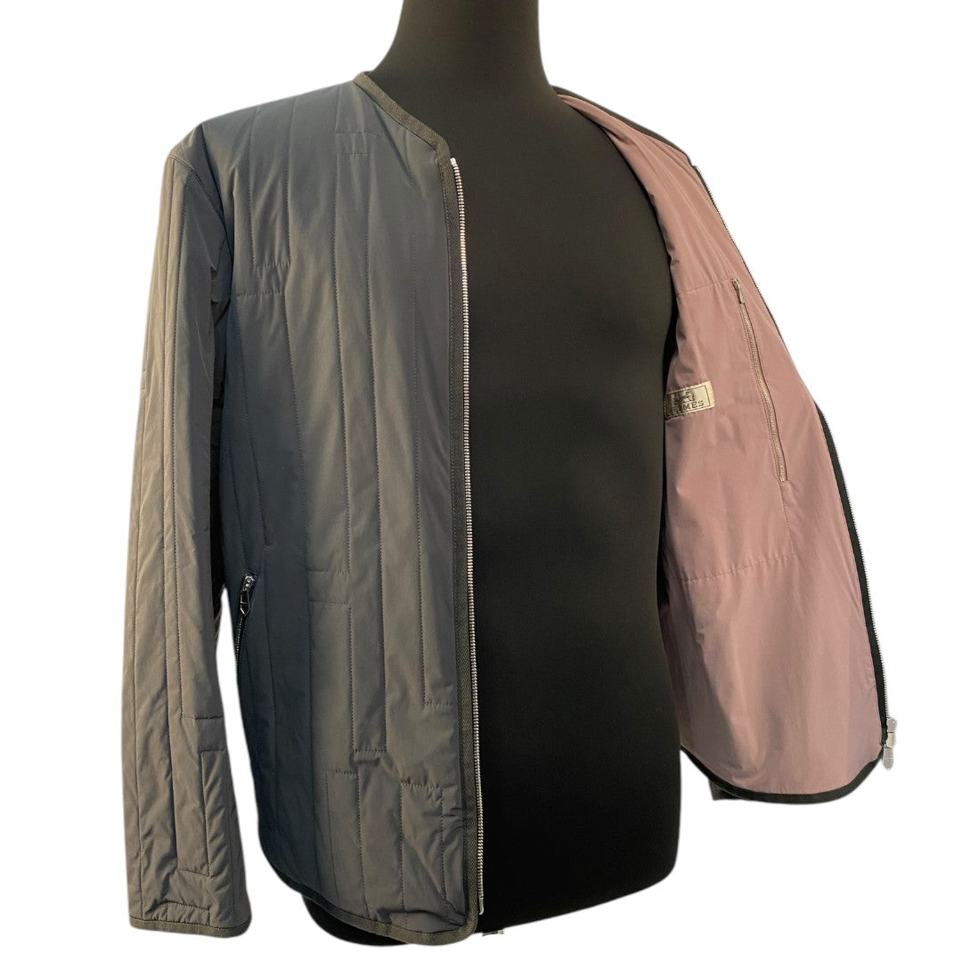 [HERMES] Hermes padded quilted jacket with H-pattern stitching and no collar, gray and pink