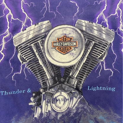 【HARLEY DAVIDSON Thunder & Lightning V-Twin Engine】ハーレーダビッドソン サンダー & ライトニング Vツイン エンジン （パープル）Tシャツ XL相当