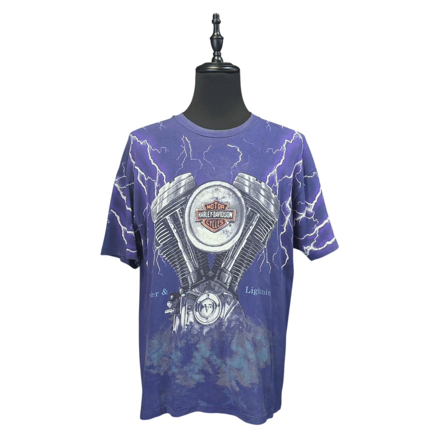 【HARLEY DAVIDSON Thunder & Lightning V-Twin Engine】ハーレーダビッドソン サンダー & ライトニング Vツイン エンジン （パープル）Tシャツ XL相当