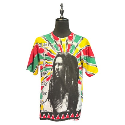 [BOB MARLEY] Bob Marley Overprint All-Over Rasta Vintage T-Shirt, Made in USA, ALLSPORT Tag, Size L