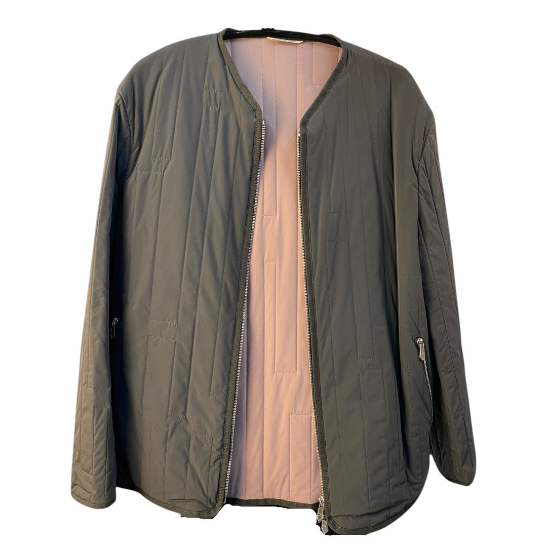 [HERMES] Hermes padded quilted jacket with H-pattern stitching and no collar, gray and pink