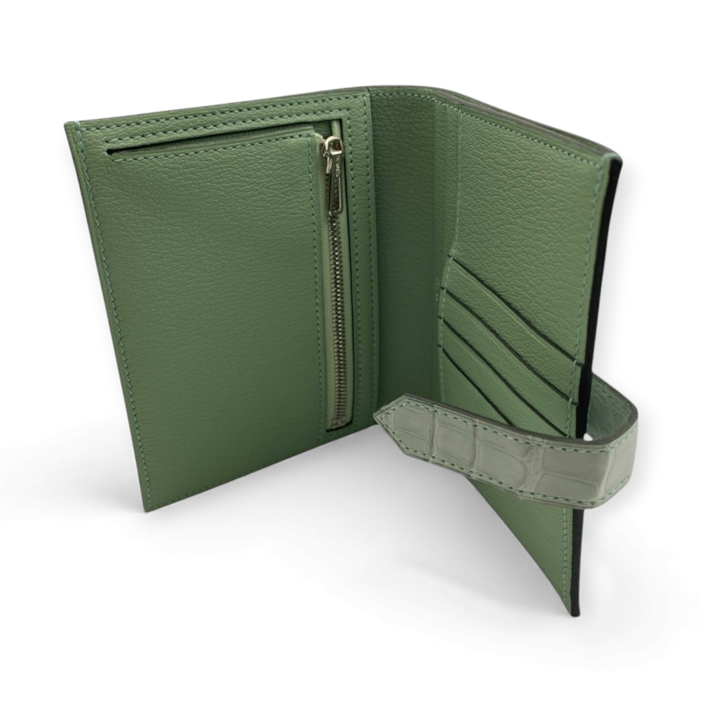 【HERMES】 エルメス ベアン コンパクト 財布 2つ折り ヴェールデュー 緑 アリゲーター クロコ レザー 本革 シルバー金具