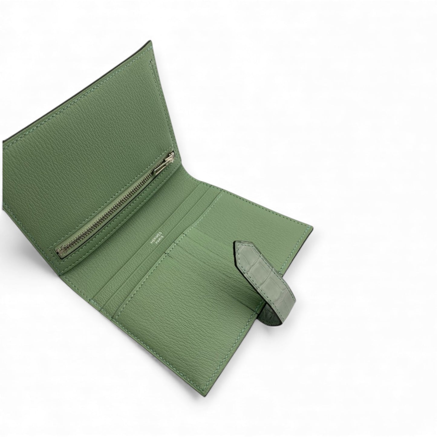 【HERMES】 エルメス ベアン コンパクト 財布 2つ折り ヴェールデュー 緑 アリゲーター クロコ レザー 本革 シルバー金具