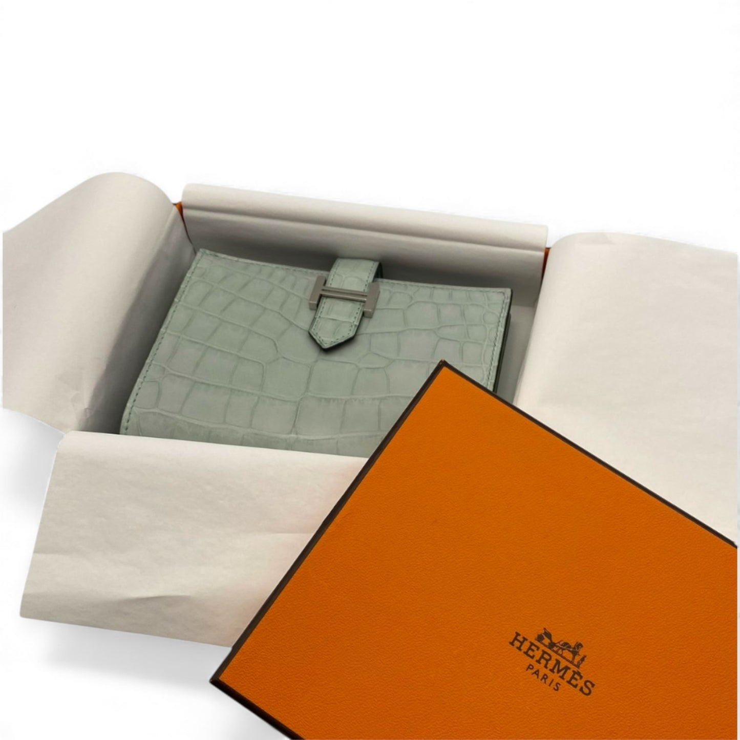 【HERMES】 エルメス ベアン コンパクト 財布 2つ折り ヴェールデュー 緑 アリゲーター クロコ レザー 本革 シルバー金具