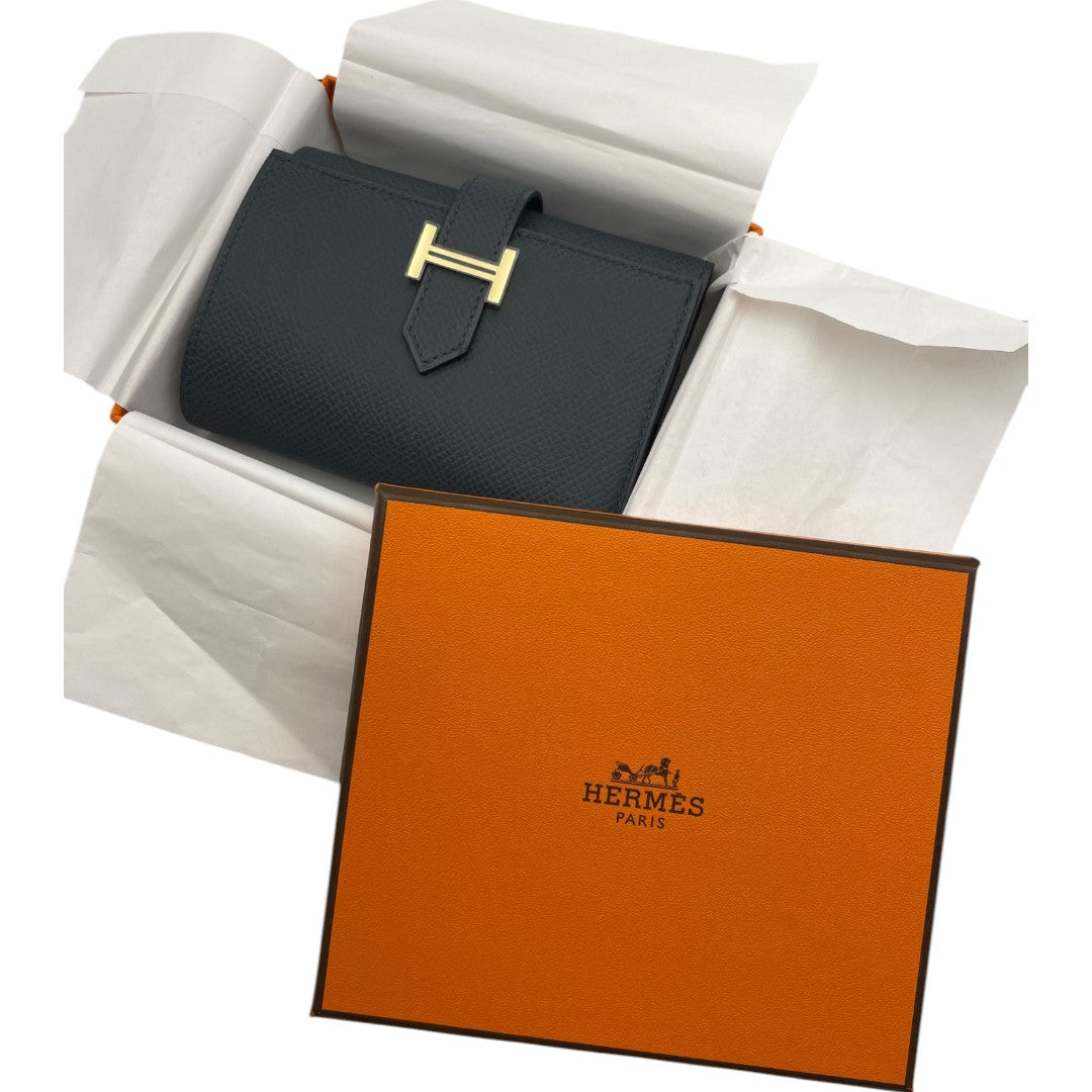 【HERMES】エルメス  三つ折り財布 ベアン コンビネ ブラック/ブルーニュイ/ゴールド金具 エプソン  HERMES 財布 黒