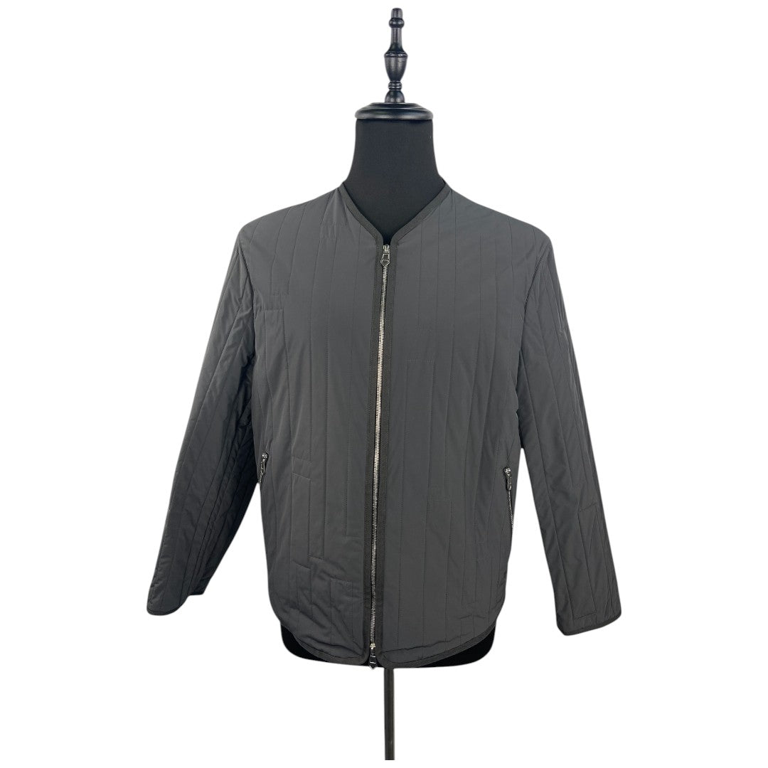 [HERMES] Hermes padded quilted jacket with H-pattern stitching and no collar, gray and pink
