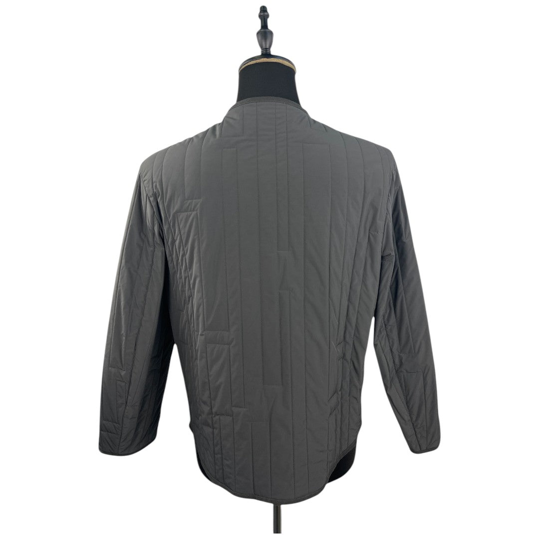 [HERMES] Hermes padded quilted jacket with H-pattern stitching and no collar, gray and pink