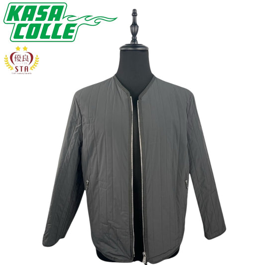 [HERMES] Hermes padded quilted jacket with H-pattern stitching and no collar, gray and pink